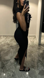 ENSEMBLE JUPE LONGUE FENDUE ET CROP TOP NOIR